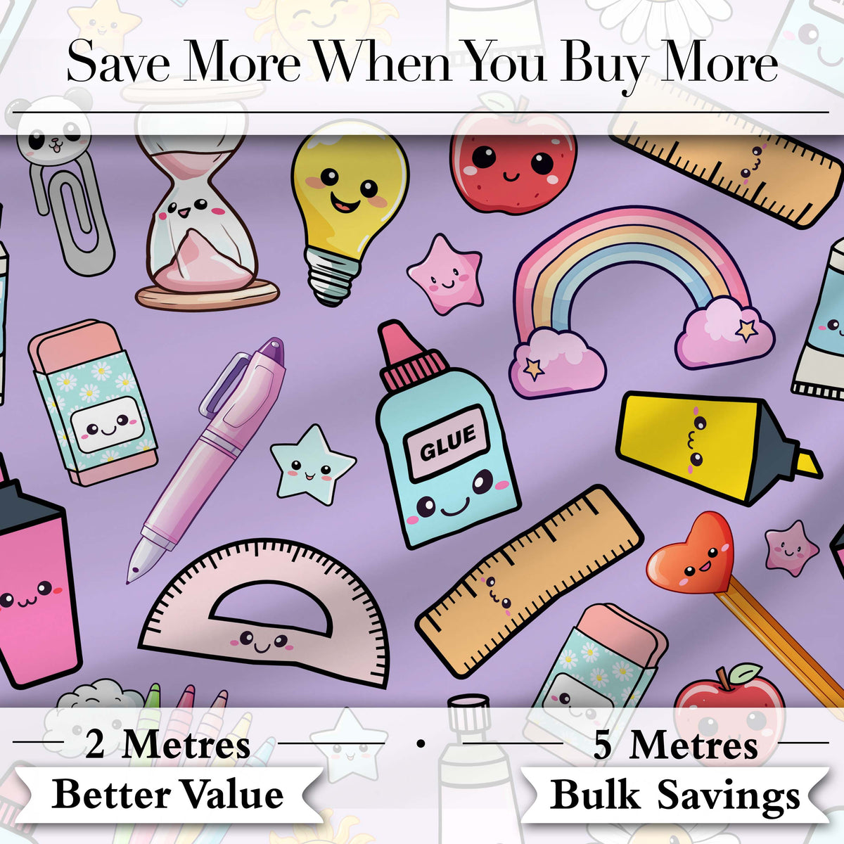 Cute Kawaii School Supplies  Rainbow Apple Purple Background Seamless Pattern Digital Print Fabric by the Metre UK Sewing Quilting Textile