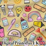 Cute Kawaii School Supplies Rainbow Apple Yellow Background Seamless Pattern Digital Print Fabric by the Metre UK Sewing Quilting Textile