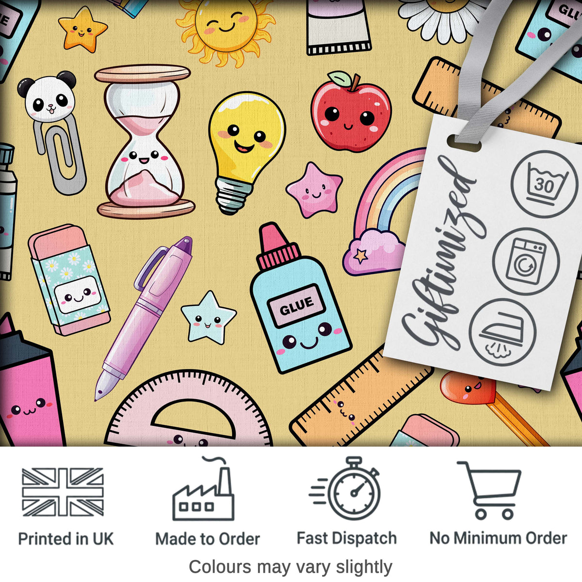 Cute Kawaii School Supplies Rainbow Apple Yellow Background Seamless Pattern Digital Print Fabric by the Metre UK Sewing Quilting Textile