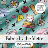 Cute Kawaii School Supplies Cat Books Clock Pencil Green Seamless Pattern Digital Print Fabric by the Metre UK Sewing Quilting Textile
