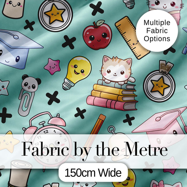 Cute Kawaii School Supplies Cat Books Clock Pencil Green Seamless Pattern Digital Print Fabric by the Metre UK Sewing Quilting Textile