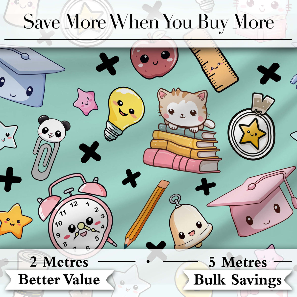 Cute Kawaii School Supplies Cat Books Clock Pencil Green Seamless Pattern Digital Print Fabric by the Metre UK Sewing Quilting Textile