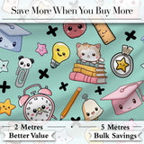 Cute Kawaii School Supplies Cat Books Clock Pencil Green Seamless Pattern Digital Print Fabric by the Metre UK Sewing Quilting Textile