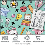 Cute Kawaii School Supplies Cat Books Clock Pencil Green Seamless Pattern Digital Print Fabric by the Metre UK Sewing Quilting Textile