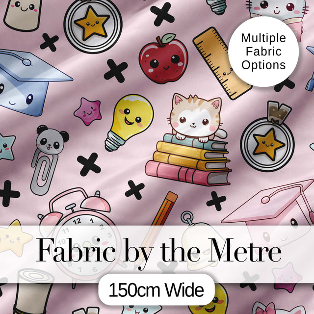 Cute Kawaii School Supplies Cat Books Clock Pencil Pink Seamless Pattern Digital Print Fabric by the Metre UK Sewing Quilting Textile