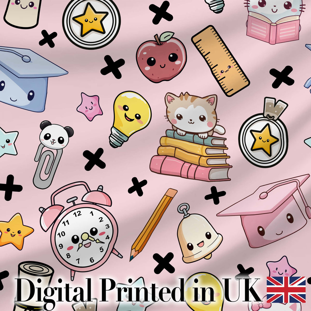 Cute Kawaii School Supplies Cat Books Clock Pencil Pink Seamless Pattern Digital Print Fabric by the Metre UK Sewing Quilting Textile