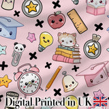 Cute Kawaii School Supplies Cat Books Clock Pencil Pink Seamless Pattern Digital Print Fabric by the Metre UK Sewing Quilting Textile