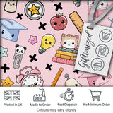 Cute Kawaii School Supplies Cat Books Clock Pencil Pink Seamless Pattern Digital Print Fabric by the Metre UK Sewing Quilting Textile