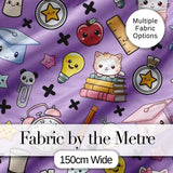 Cute Kawaii School Cat Books Apple Clock Bell Pencil Purple Seamless Pattern Digital Print Fabric by the Metre UK Sewing Quilting Textile