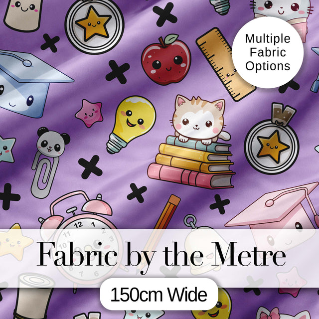 Cute Kawaii School Cat Books Apple Clock Bell Pencil Purple Seamless Pattern Digital Print Fabric by the Metre UK Sewing Quilting Textile