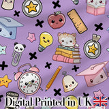 Cute Kawaii School Cat Books Apple Clock Bell Pencil Purple Seamless Pattern Digital Print Fabric by the Metre UK Sewing Quilting Textile
