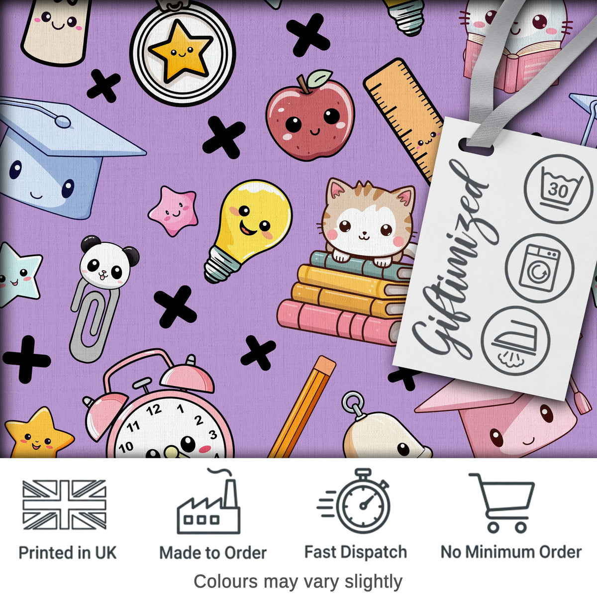 Cute Kawaii School Cat Books Apple Clock Bell Pencil Purple Seamless Pattern Digital Print Fabric by the Metre UK Sewing Quilting Textile