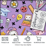 Cute Kawaii School Cat Books Apple Clock Bell Pencil Purple Seamless Pattern Digital Print Fabric by the Metre UK Sewing Quilting Textile