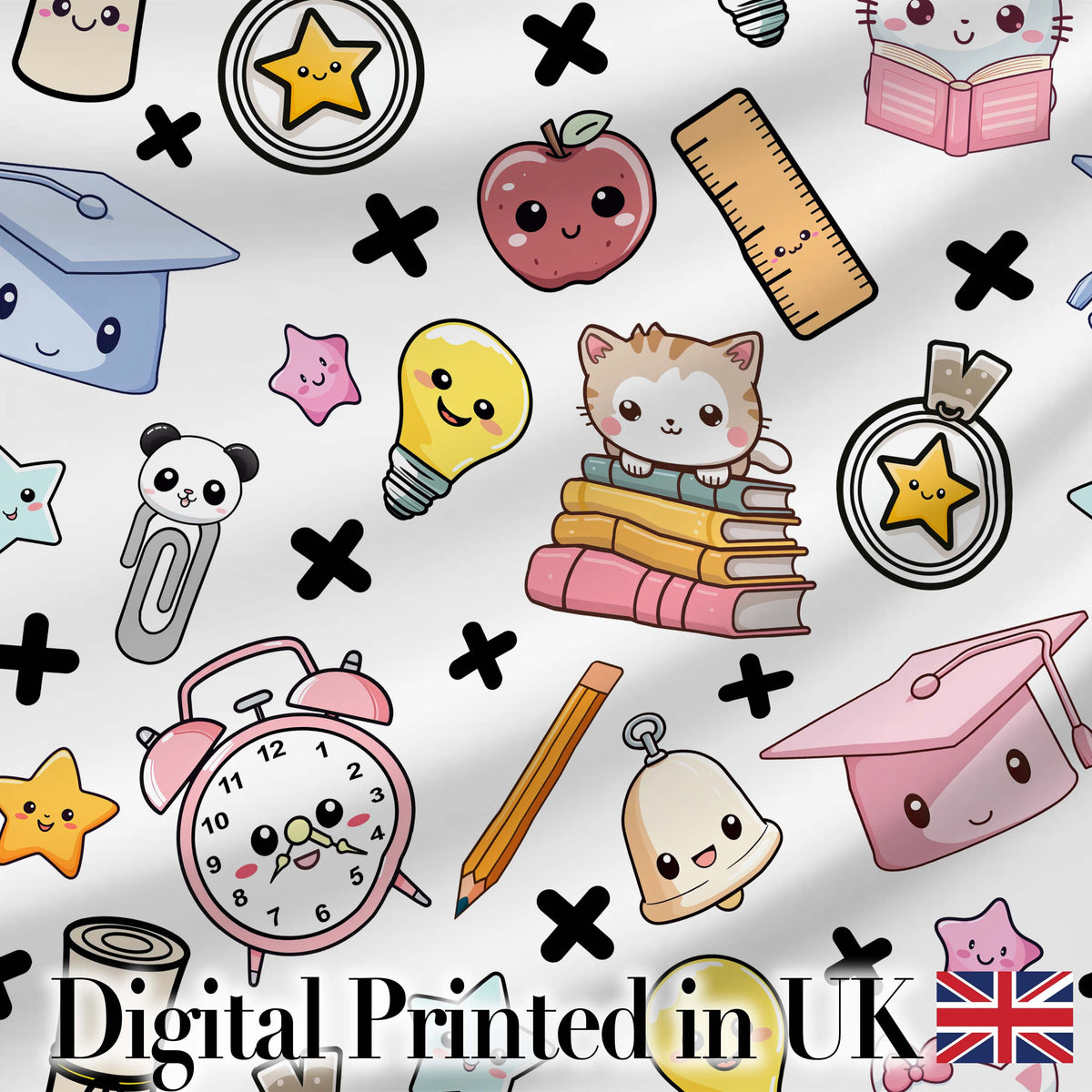 Cute Kawaii School Cat Books Apple Clock Bell Pencil Grey Seamless Pattern Digital Print Fabric by the Metre UK Sewing Quilting Textile