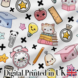 Cute Kawaii School Cat Books Apple Clock Bell Pencil Grey Seamless Pattern Digital Print Fabric by the Metre UK Sewing Quilting Textile