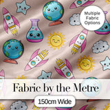 Cute Kawaii Space Rocket Planet Globe Sun Star Seamless Pattern Digital Print Fabric by the Metre UK Sewing Quilting Textile