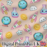 Cute Kawaii Space Rocket Planet Globe Sun Star Seamless Pattern Digital Print Fabric by the Metre UK Sewing Quilting Textile