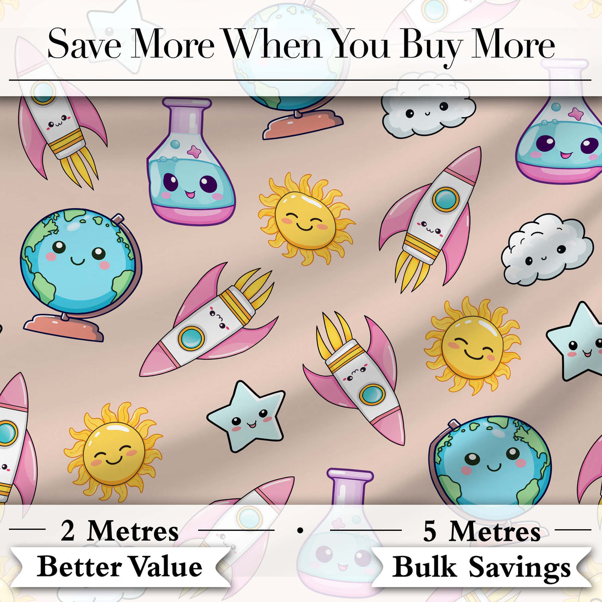 Cute Kawaii Space Rocket Planet Globe Sun Star Seamless Pattern Digital Print Fabric by the Metre UK Sewing Quilting Textile