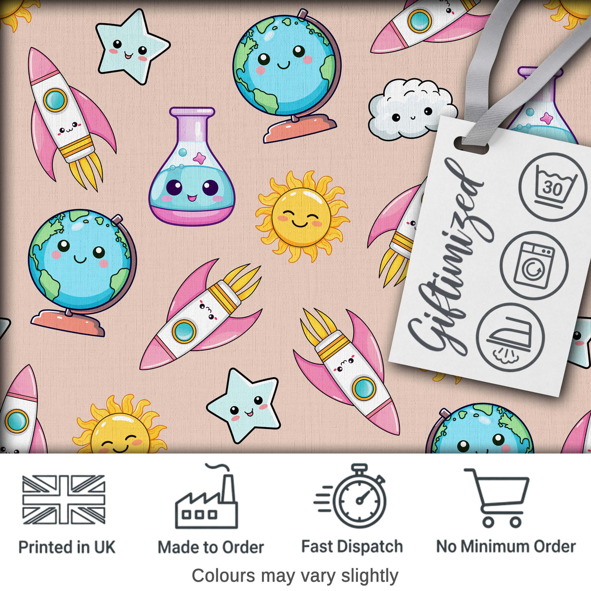 Cute Kawaii Space Rocket Planet Globe Sun Star Seamless Pattern Digital Print Fabric by the Metre UK Sewing Quilting Textile