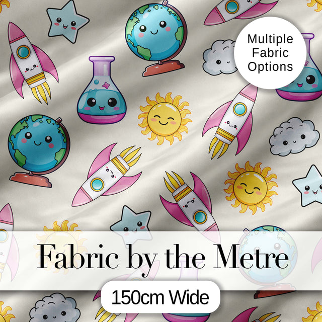 Cute Kawaii Space Rocket Planet Globe Sun Star Cream Seamless Pattern Digital Print Fabric by the Metre UK Sewing Quilting Textile