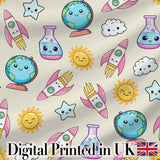 Cute Kawaii Space Rocket Planet Globe Sun Star Cream Seamless Pattern Digital Print Fabric by the Metre UK Sewing Quilting Textile