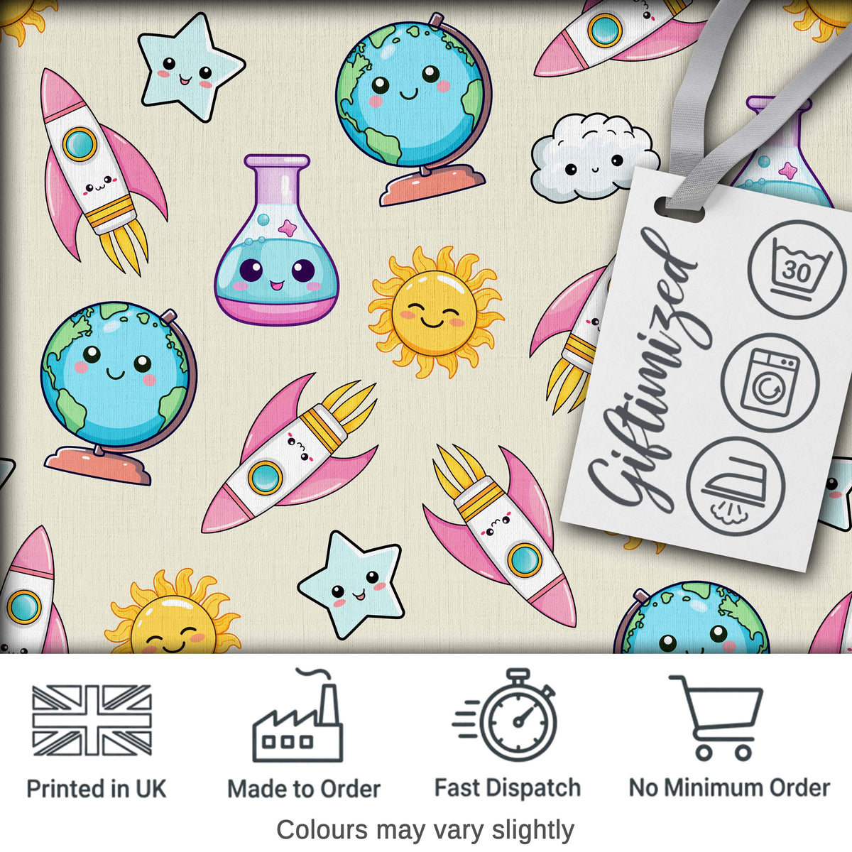 Cute Kawaii Space Rocket Planet Globe Sun Star Cream Seamless Pattern Digital Print Fabric by the Metre UK Sewing Quilting Textile