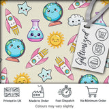 Cute Kawaii Space Rocket Planet Globe Sun Star Cream Seamless Pattern Digital Print Fabric by the Metre UK Sewing Quilting Textile
