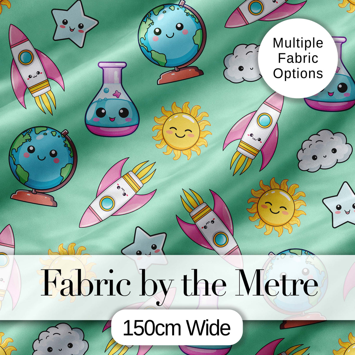 Cute Kawaii Space Rocket Planet Globe Sun Star Green Seamless Pattern Digital Print Fabric by the Metre UK Sewing Quilting Textile