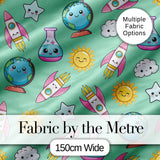 Cute Kawaii Space Rocket Planet Globe Sun Star Green Seamless Pattern Digital Print Fabric by the Metre UK Sewing Quilting Textile