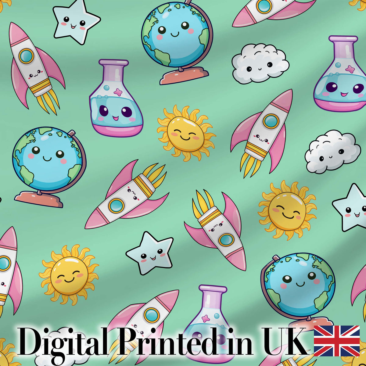 Cute Kawaii Space Rocket Planet Globe Sun Star Green Seamless Pattern Digital Print Fabric by the Metre UK Sewing Quilting Textile