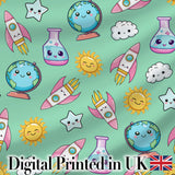 Cute Kawaii Space Rocket Planet Globe Sun Star Green Seamless Pattern Digital Print Fabric by the Metre UK Sewing Quilting Textile