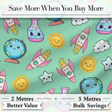 Cute Kawaii Space Rocket Planet Globe Sun Star Green Seamless Pattern Digital Print Fabric by the Metre UK Sewing Quilting Textile