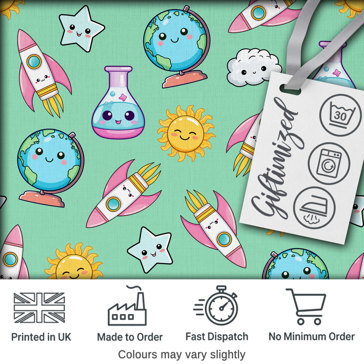 Cute Kawaii Space Rocket Planet Globe Sun Star Green Seamless Pattern Digital Print Fabric by the Metre UK Sewing Quilting Textile