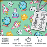 Cute Kawaii Space Rocket Planet Globe Sun Star Green Seamless Pattern Digital Print Fabric by the Metre UK Sewing Quilting Textile