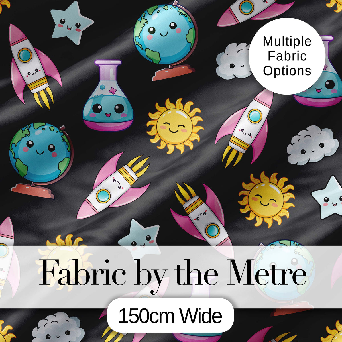 Cute Kawaii Space Rocket Planet Globe Sun Star Dark Seamless Pattern Digital Print Fabric by the Metre UK Sewing Quilting Textile