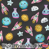 Cute Kawaii Space Rocket Planet Globe Sun Star Dark Seamless Pattern Digital Print Fabric by the Metre UK Sewing Quilting Textile