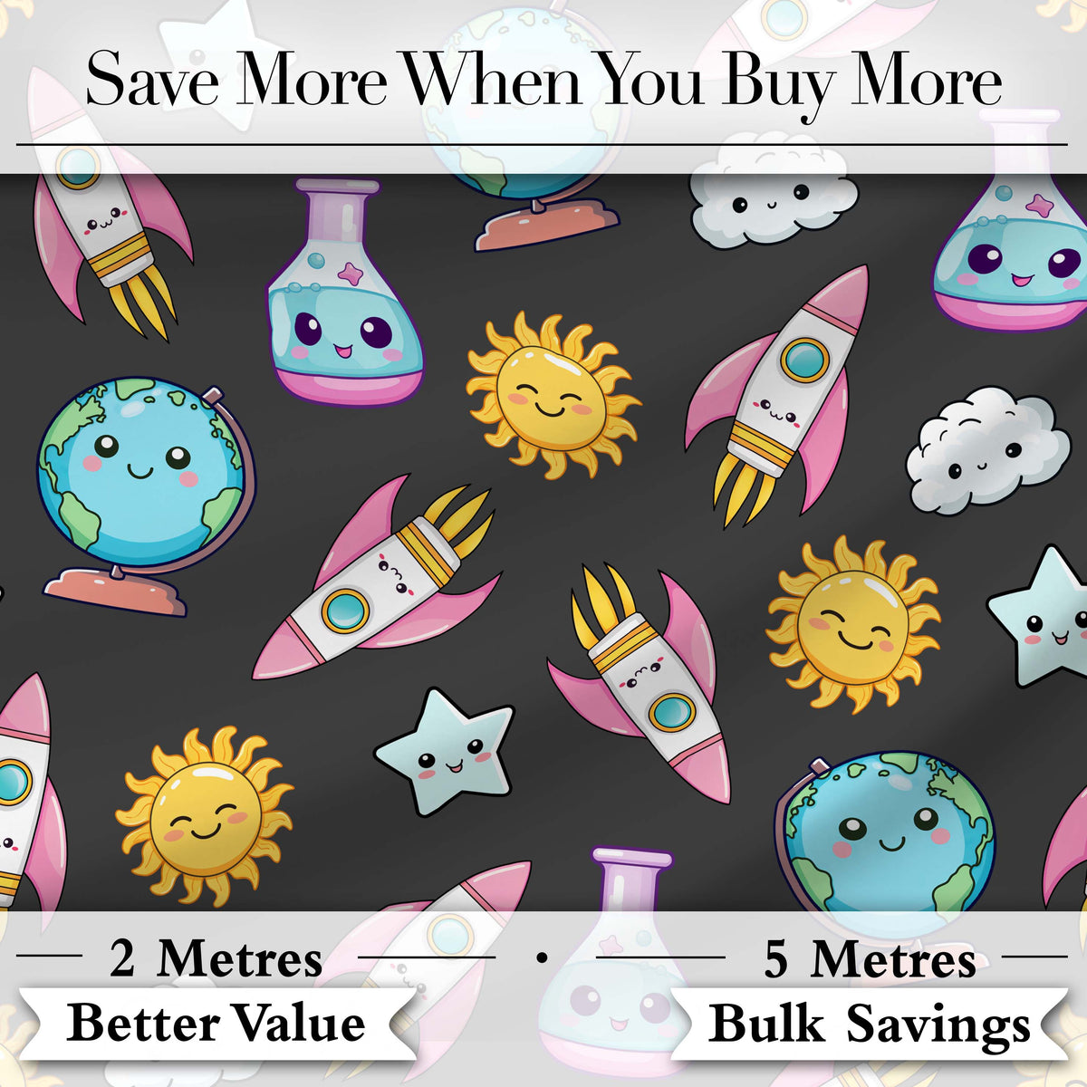 Cute Kawaii Space Rocket Planet Globe Sun Star Dark Seamless Pattern Digital Print Fabric by the Metre UK Sewing Quilting Textile