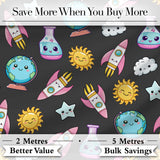 Cute Kawaii Space Rocket Planet Globe Sun Star Dark Seamless Pattern Digital Print Fabric by the Metre UK Sewing Quilting Textile