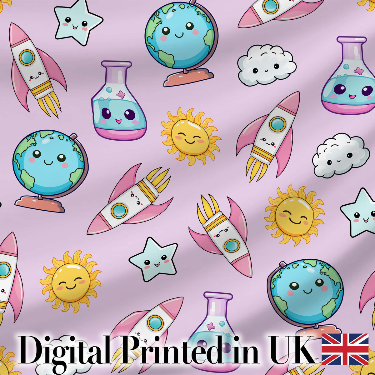 Cute Kawaii Space Rocket Planet Globe Sun Star Purple Seamless Pattern Digital Print Fabric by the Metre UK Sewing Quilting Textile