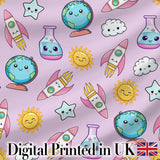 Cute Kawaii Space Rocket Planet Globe Sun Star Purple Seamless Pattern Digital Print Fabric by the Metre UK Sewing Quilting Textile