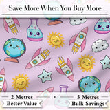 Cute Kawaii Space Rocket Planet Globe Sun Star Purple Seamless Pattern Digital Print Fabric by the Metre UK Sewing Quilting Textile