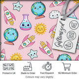 Cute Kawaii Space Rockets Planets Globes Suns Stars Seamless Pattern Digital Print Fabric by the Metre UK Sewing Quilting Textile