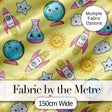 Cute Kawaii Space Rockets Planets Globes Suns Stars Yellow Seamless Pattern Digital Print Fabric by the Metre UK Sewing Quilting Textile