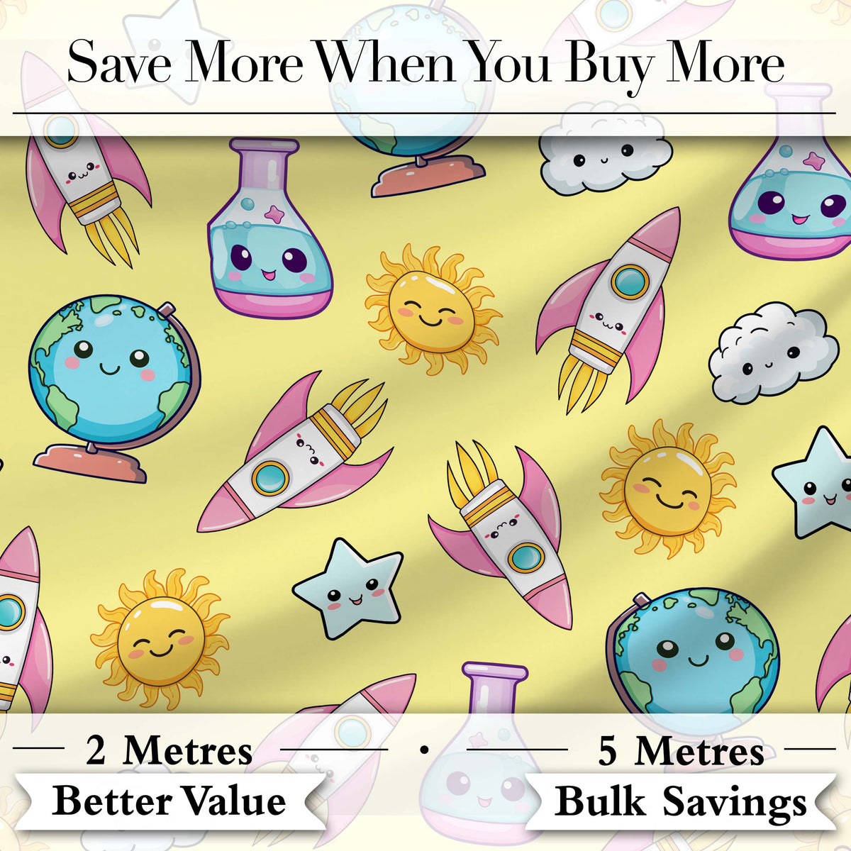 Cute Kawaii Space Rockets Planets Globes Suns Stars Yellow Seamless Pattern Digital Print Fabric by the Metre UK Sewing Quilting Textile