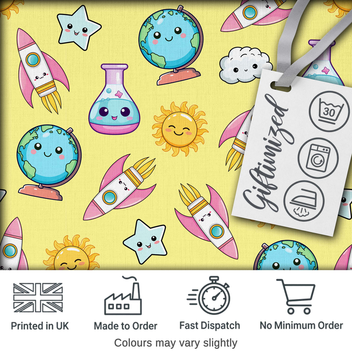 Cute Kawaii Space Rockets Planets Globes Suns Stars Yellow Seamless Pattern Digital Print Fabric by the Metre UK Sewing Quilting Textile