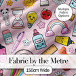 School Supplies Pink Background Rainbow Apple Glue Pen Ruler Seamless Pattern Digital Print Fabric by the Metre UK Sewing Quilting Textile