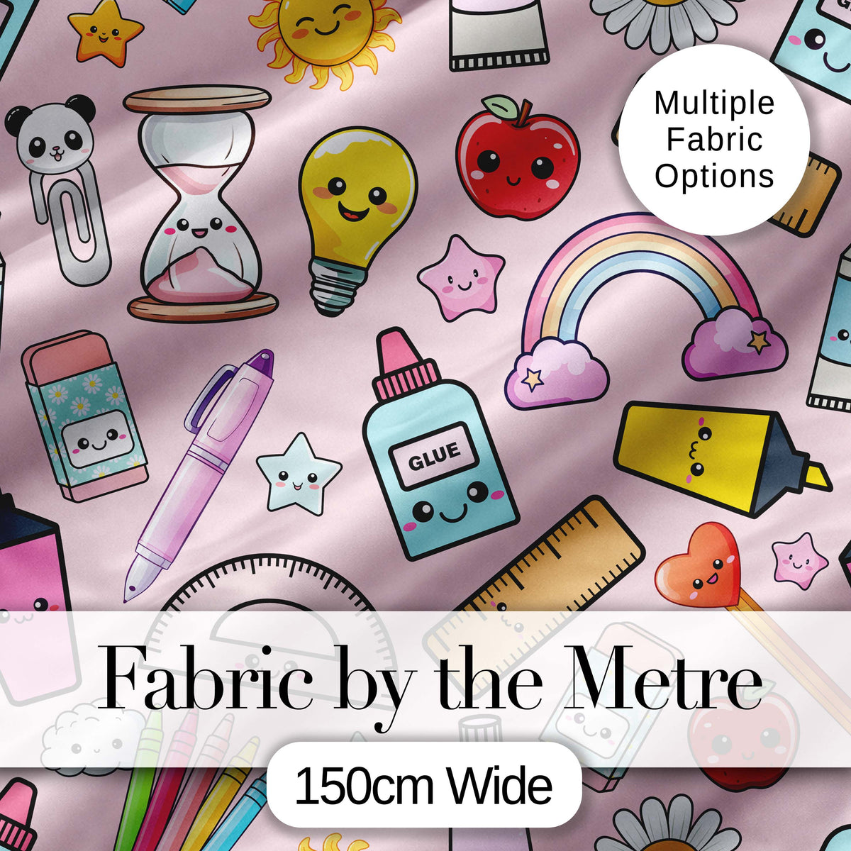 School Supplies Pink Background Rainbow Apple Glue Pen Ruler Seamless Pattern Digital Print Fabric by the Metre UK Sewing Quilting Textile