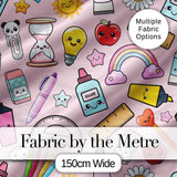 School Supplies Pink Background Rainbow Apple Glue Pen Ruler Seamless Pattern Digital Print Fabric by the Metre UK Sewing Quilting Textile