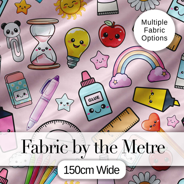 School Supplies Pink Background Rainbow Apple Glue Pen Ruler Seamless Pattern Digital Print Fabric by the Metre UK Sewing Quilting Textile