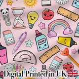 School Supplies Pink Background Rainbow Apple Glue Pen Ruler Seamless Pattern Digital Print Fabric by the Metre UK Sewing Quilting Textile